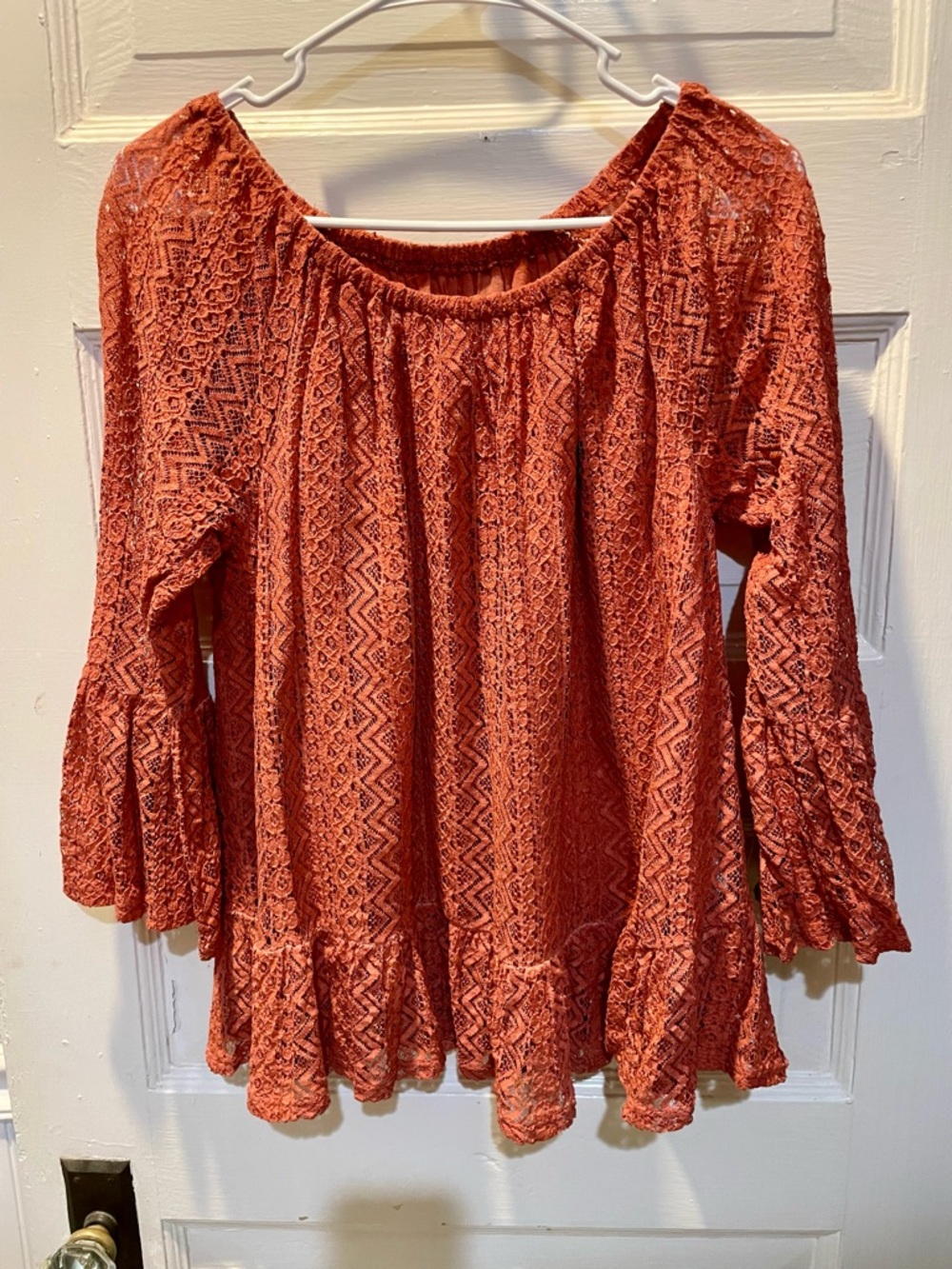 Cupio Women’s Terracotta Lace Boho Peasant Top in Burnt Orange, Medium